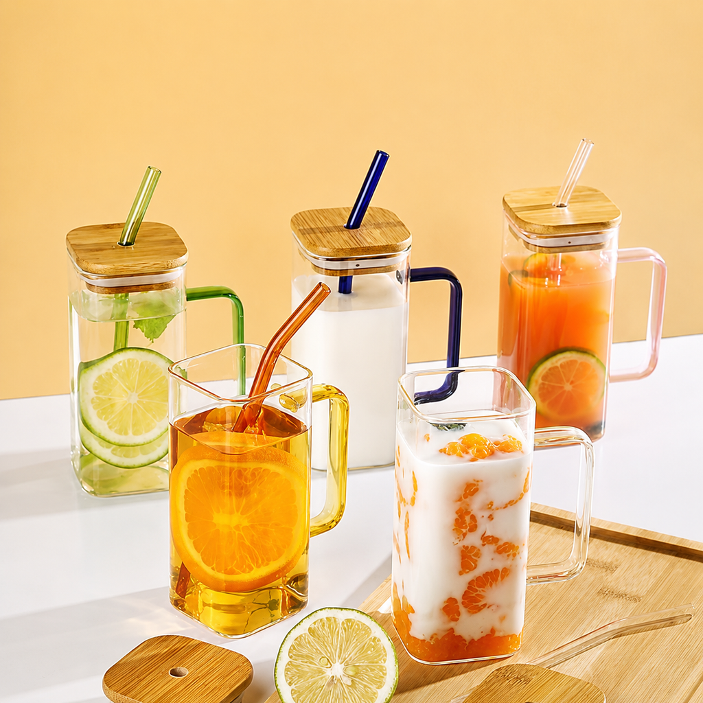 Set of glass mugs with various drinks and straws on a wooden surface with a yellow background