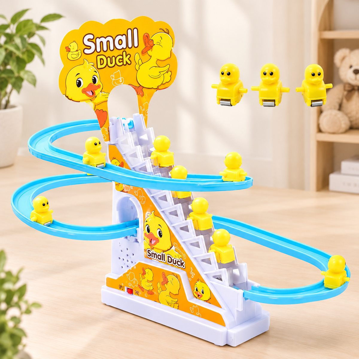 Small Duck climbing stairs toy with ducks on spiral track, no people