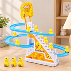 Small Duck climbing stairs toy on wooden desk with lamp in background