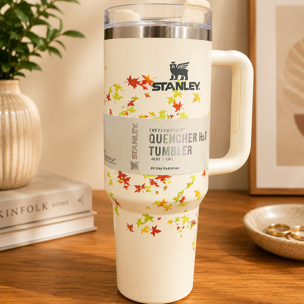 Stanley Quencher 40oz tumbler with autumn leaf print on wooden table with plant and books