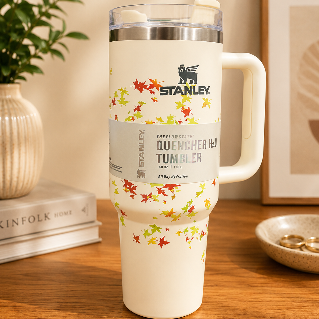 Stanley Quencher 40oz tumbler with autumn leaf print on wooden table with plant and books
