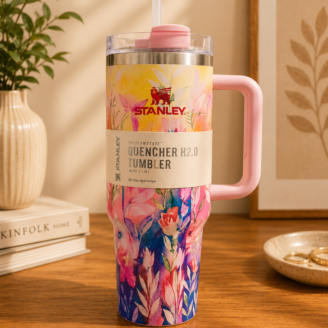 Stanley Quencher H2.0 tumbler in watercolor floral print with pink handle, styled with plant and books