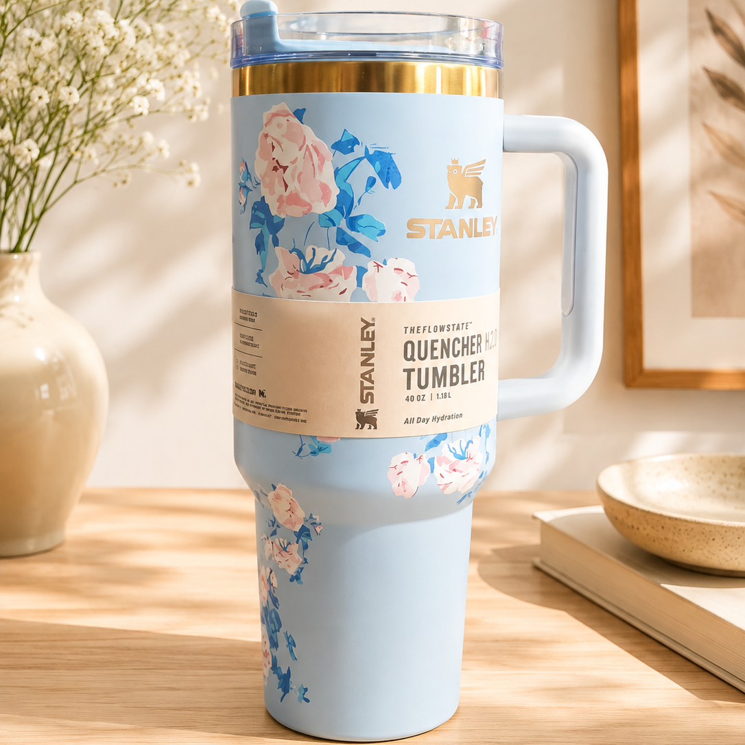 Stanley Quencher blue floral tumbler close-up showing rose print and gold rim detail