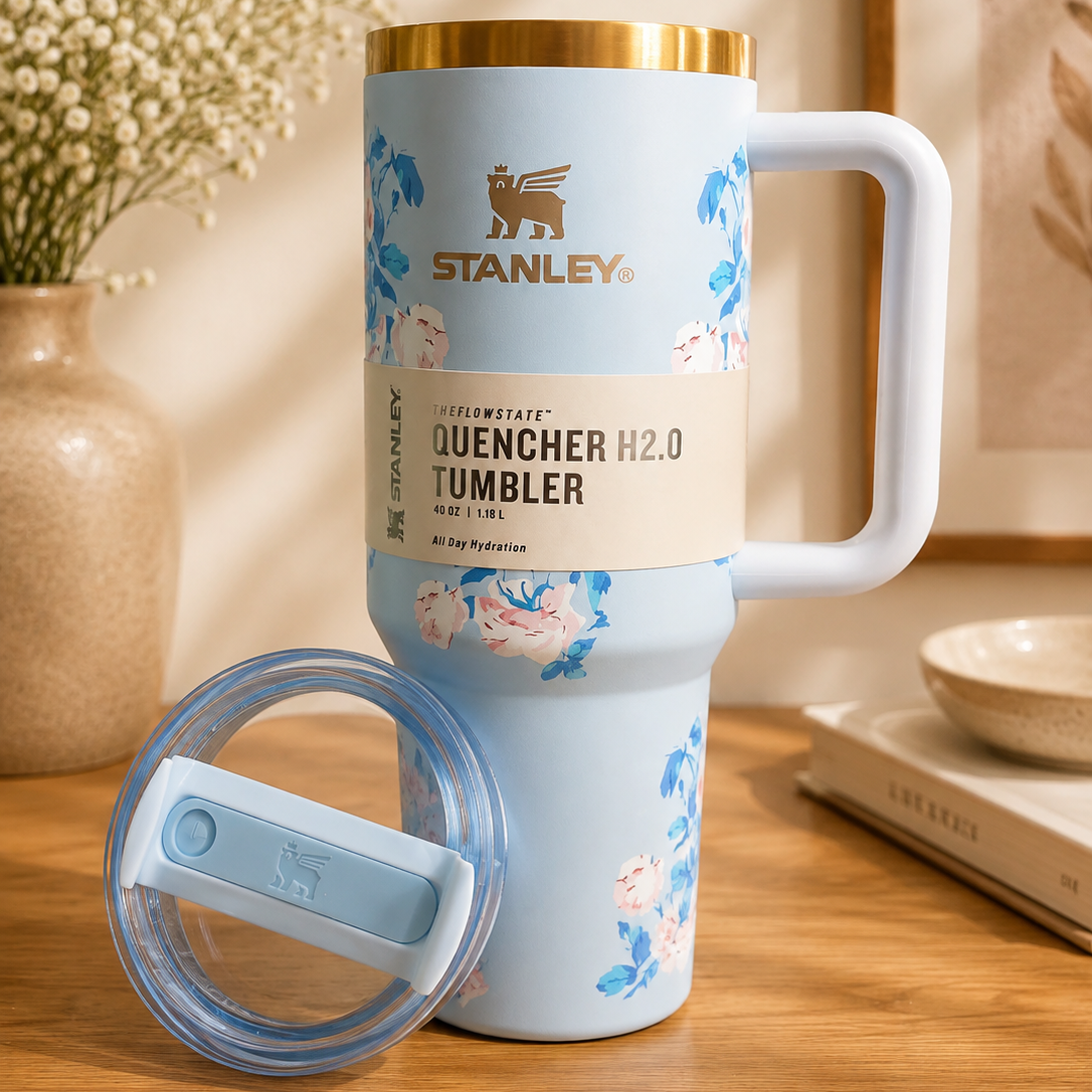 Stanley Quencher blue floral tumbler with lid off, styled on wooden table