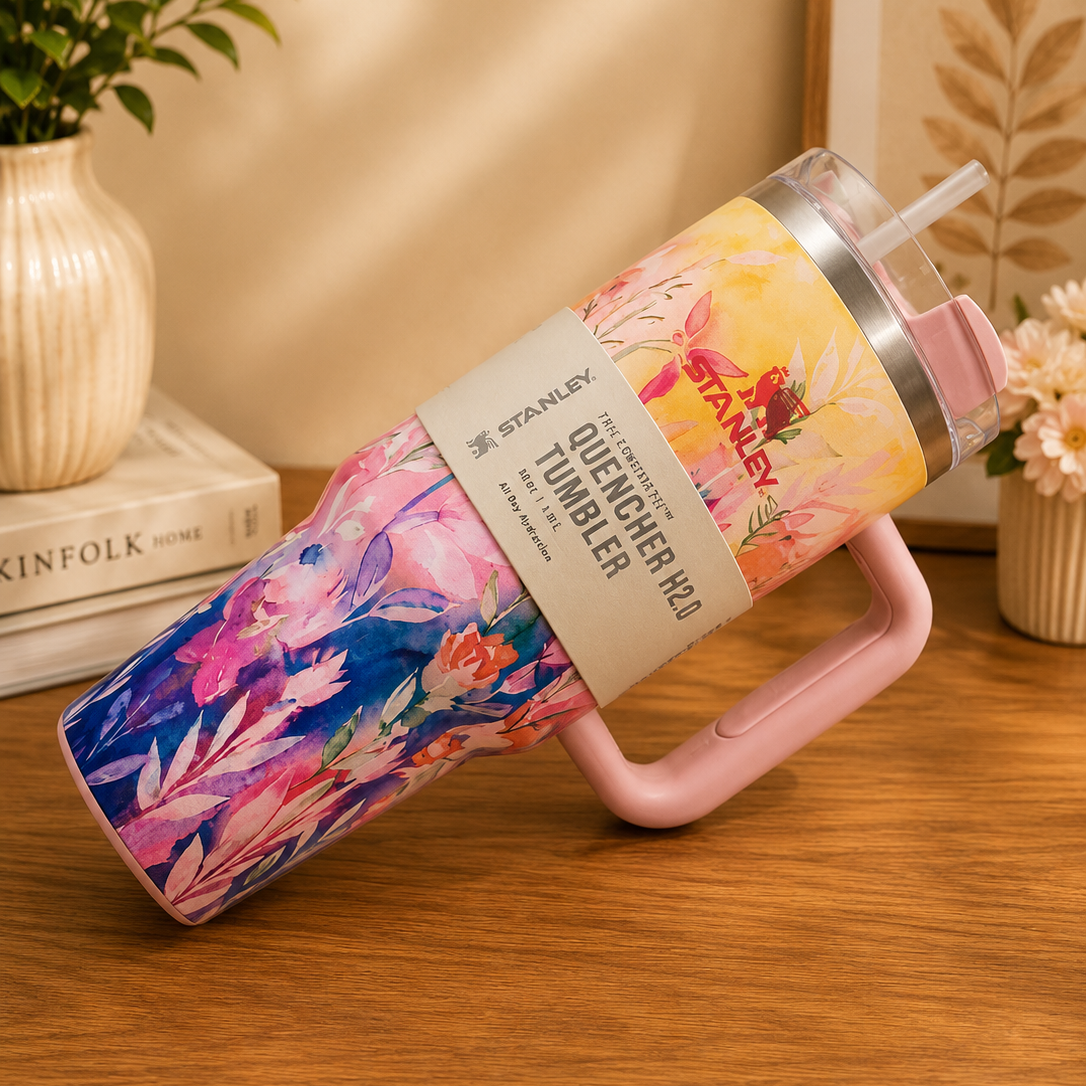 Stanley Quencher floral tumbler lying on side showing pink handle detail
