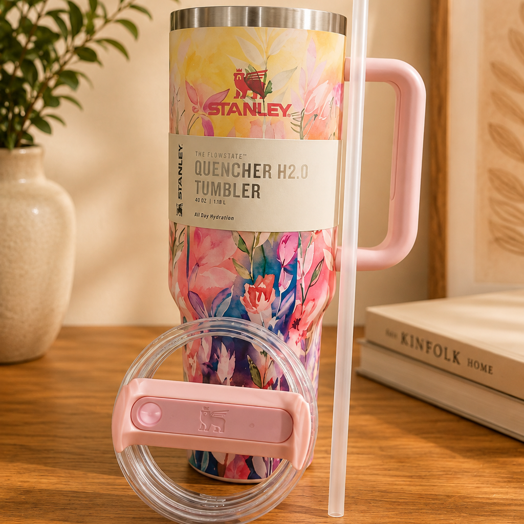 Stanley Quencher floral tumbler with lid off, straw and pink flip lid beside it