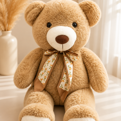 Tan plush teddy bear with floral bow sitting beside dried pampas grass