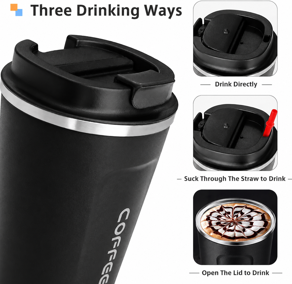 Three drinking ways diagram — direct sip, straw spout, and open lid on coffee mug