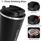 Three drinking ways diagram — direct sip, straw spout, and open lid on coffee mug