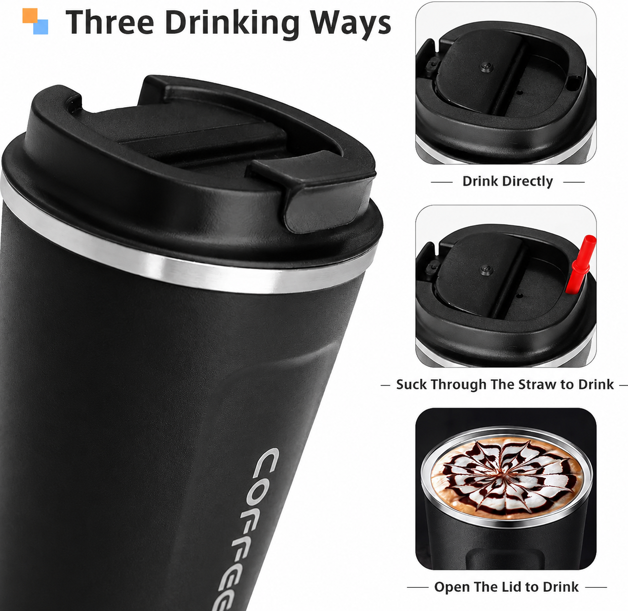 Three drinking ways diagram — direct sip, straw spout, and open lid on coffee mug