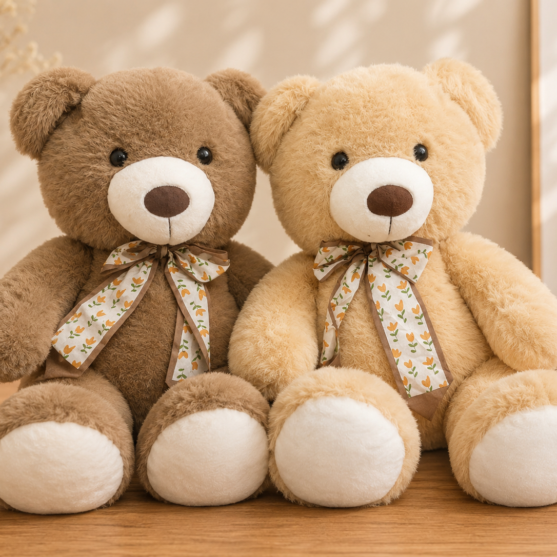 Two plush teddy bears sitting side by side on a wooden surface. The bear on the left is medium brown with a cream-colored snout and paw pads, and the bear on the right is light beige with similar cream-colored details.