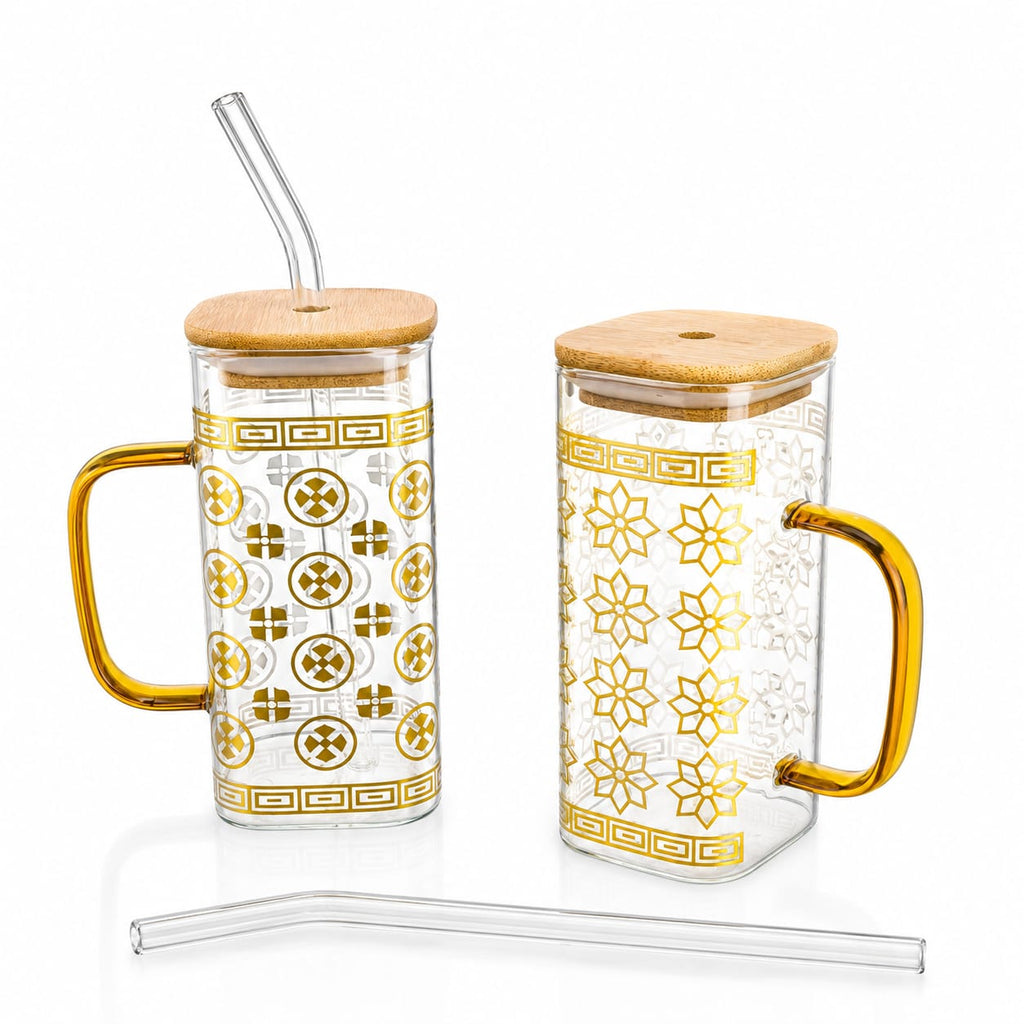 Golden Foil Glass Sipper with Bamboo Lid & Glass Straw – Mug & Can Style