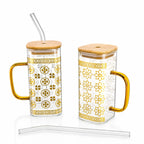 Golden Foil Glass Sipper with Bamboo Lid & Glass Straw – Mug & Can Style