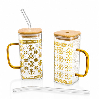 Golden Foil Glass Sipper with Bamboo Lid & Glass Straw – Mug & Can Style