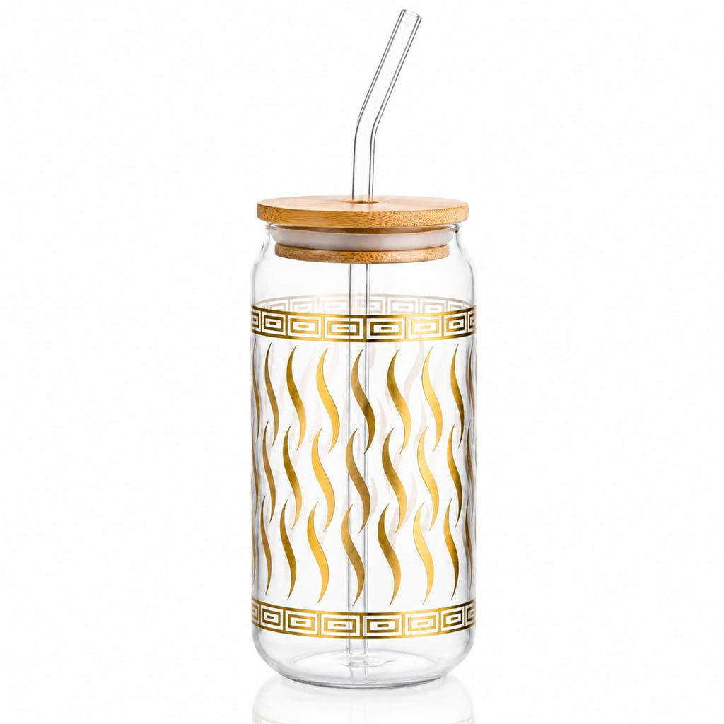Golden Foil Glass Sipper with Bamboo Lid & Glass Straw – Mug & Can Style