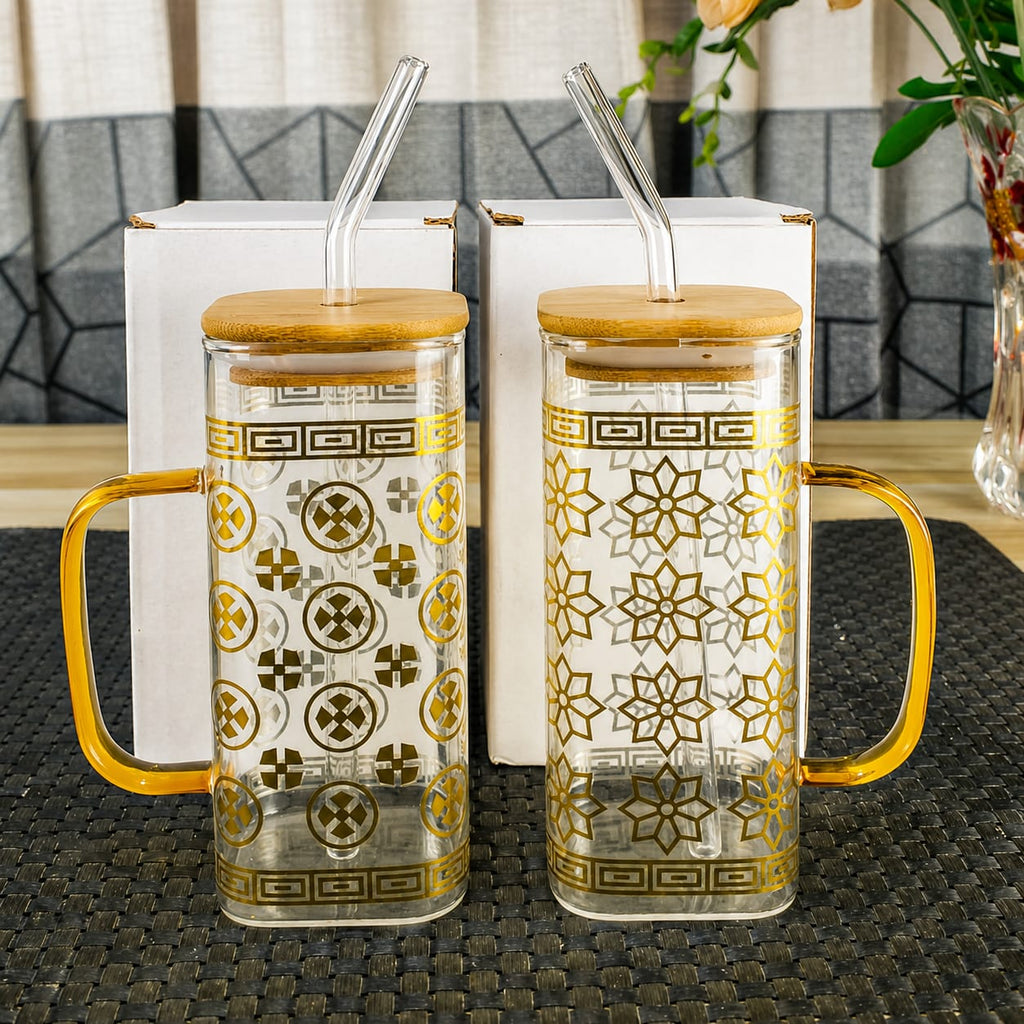 Golden Foil Glass Sipper with Bamboo Lid & Glass Straw – Mug & Can Style