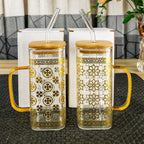 Golden Foil Glass Sipper with Bamboo Lid & Glass Straw – Mug & Can Style