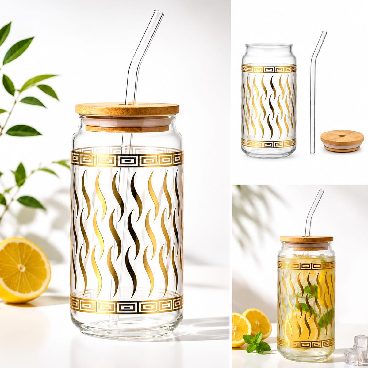 Golden Foil Glass Sipper with Bamboo Lid & Glass Straw – Mug & Can Style