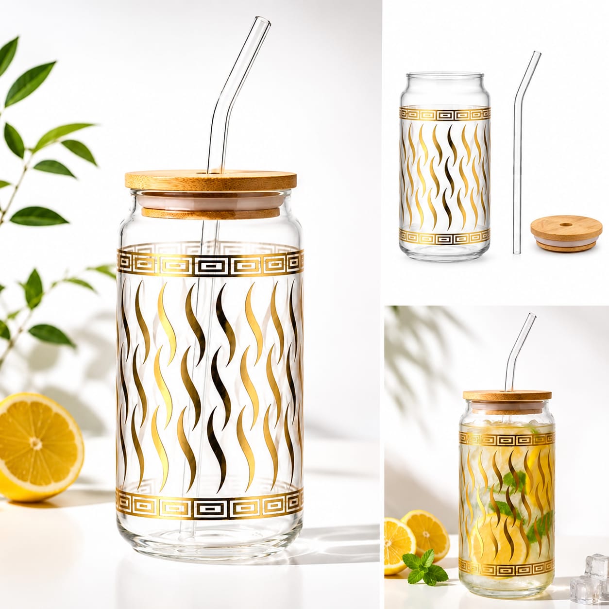 Golden Foil Glass Sipper with Bamboo Lid & Glass Straw – Mug & Can Style