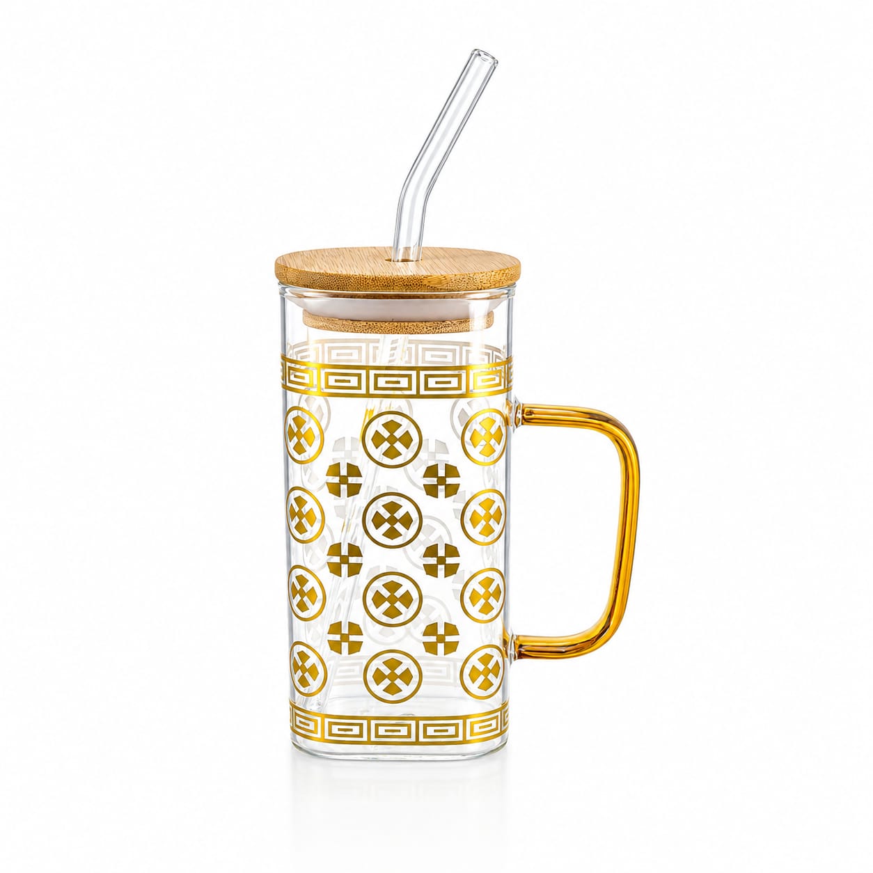 Golden Foil Glass Sipper with Bamboo Lid & Glass Straw – Mug & Can Style