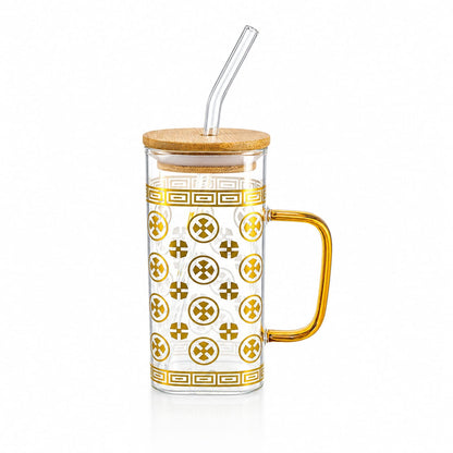 Golden Foil Glass Sipper with Bamboo Lid & Glass Straw – Mug & Can Style
