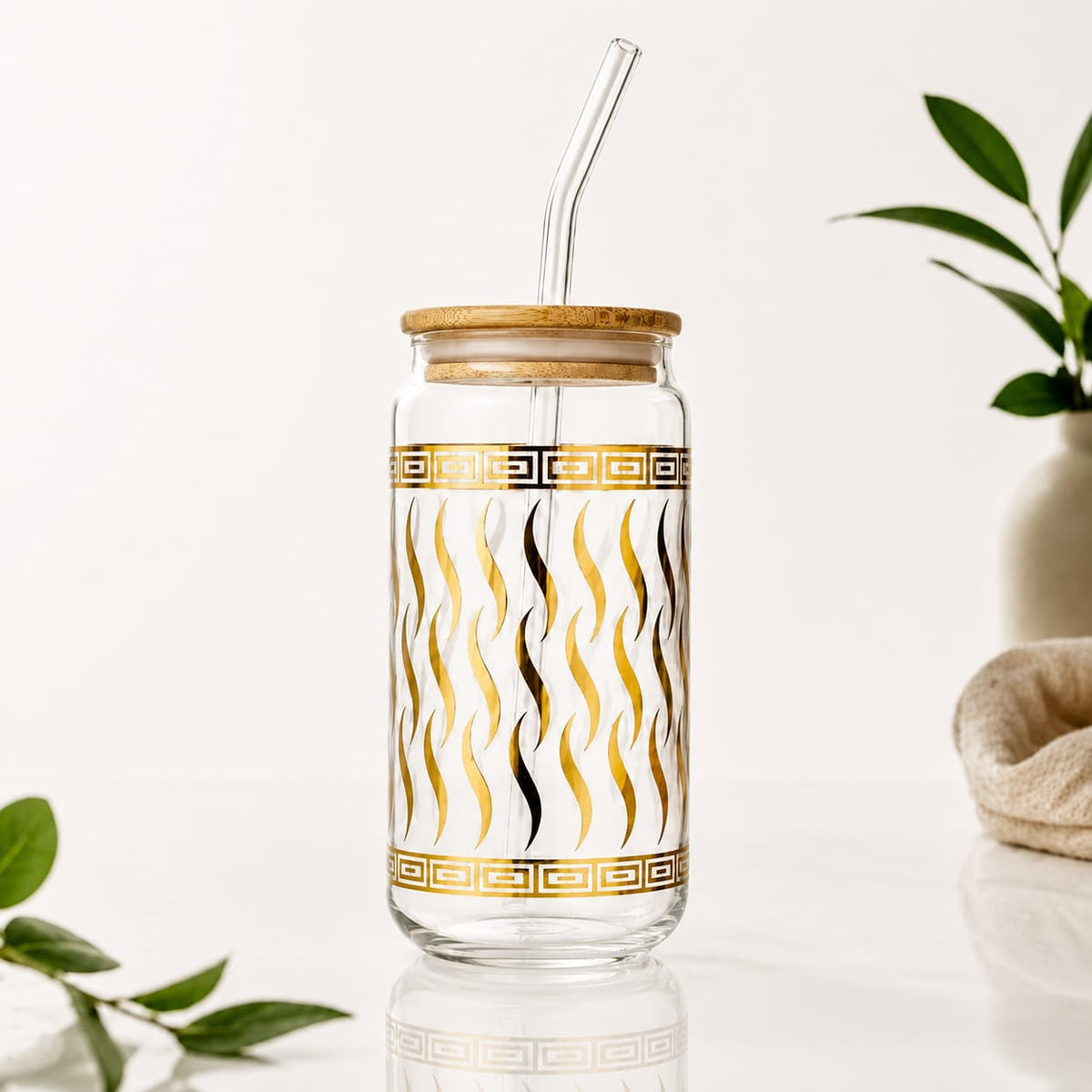 Golden Foil Glass Sipper with Bamboo Lid & Glass Straw – Mug & Can Style