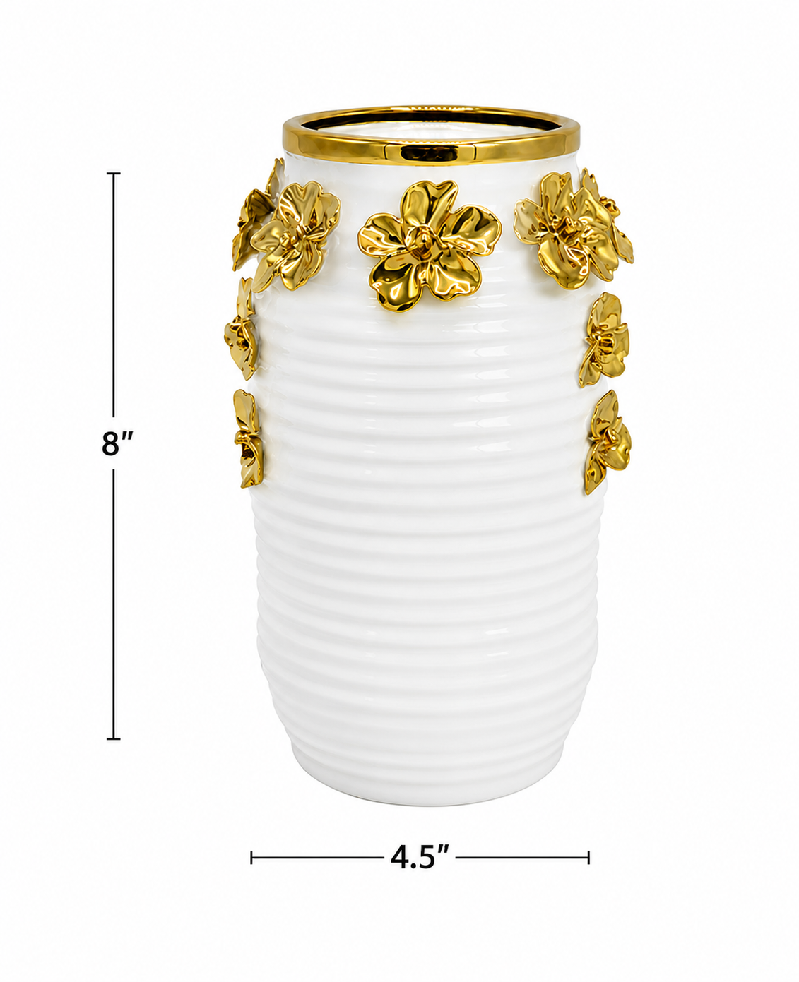 White ribbed ceramic vase with gold floral accents and gold rim, 8 inch height 4.5 inch width