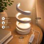 White spiral LED lamp dimensions diagram, 7 inch height 4 inch width, warm light on