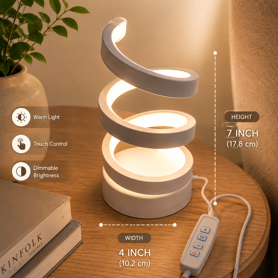 White spiral LED lamp dimensions diagram, 7 inch height 4 inch width, warm light on