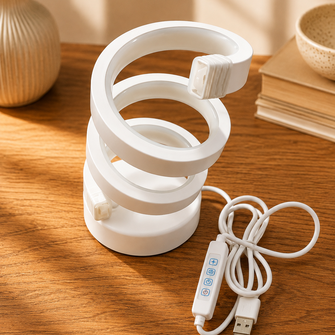 White spiral LED lamp turned off showing coiled design and USB touch remote