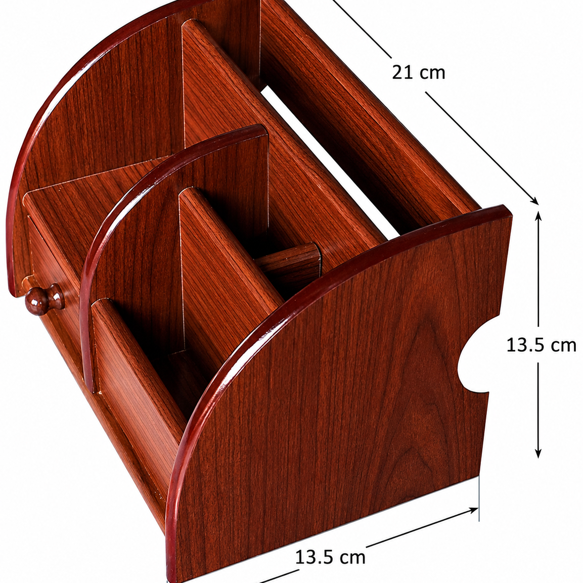 Wooden desk organizer dimensions diagram, 21cm by 13.5cm by 13.5cm