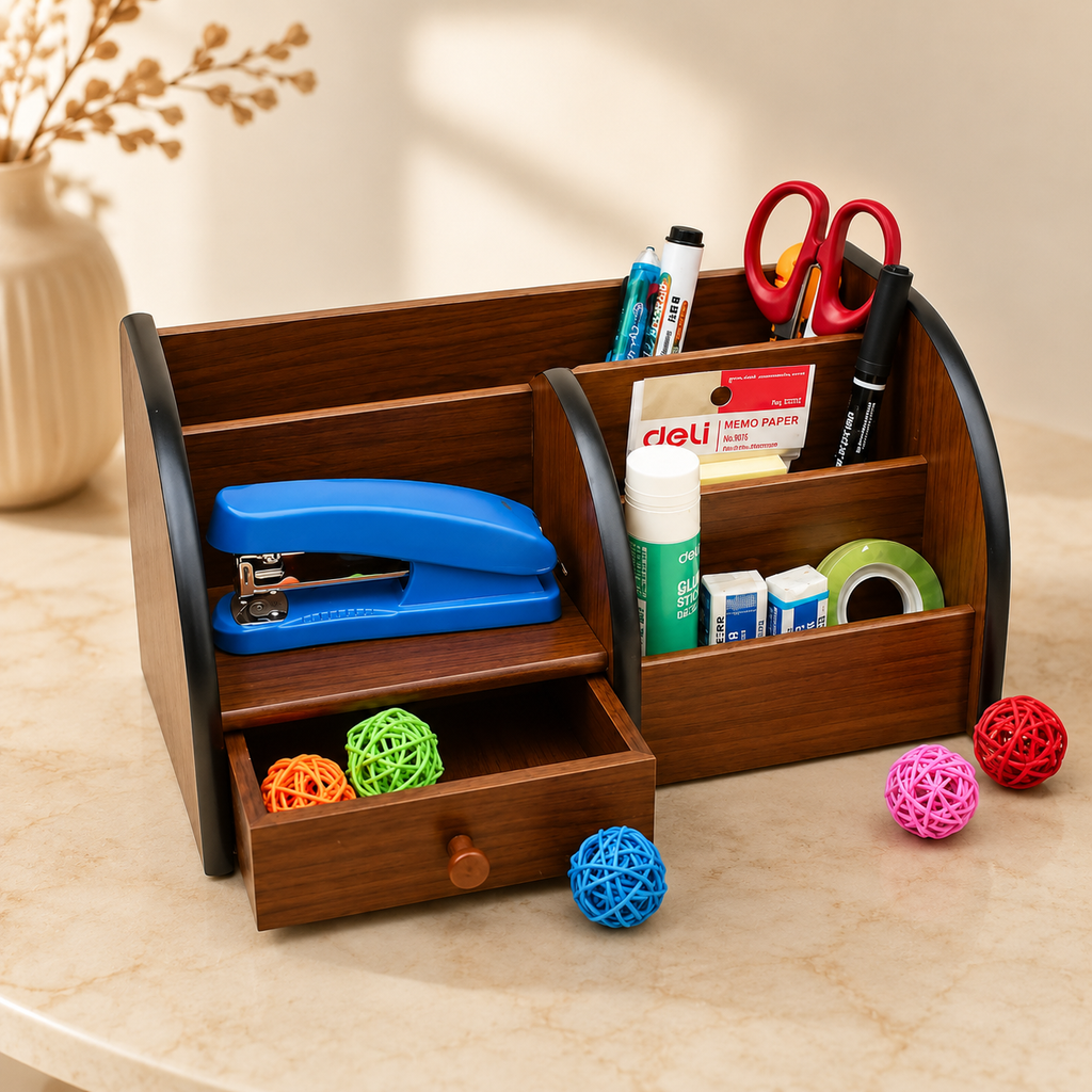 Wooden desk organizer filled with stationery, scissors, and pens
