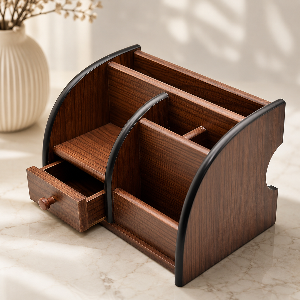Wooden desk organizer with drawer open showing storage compartments