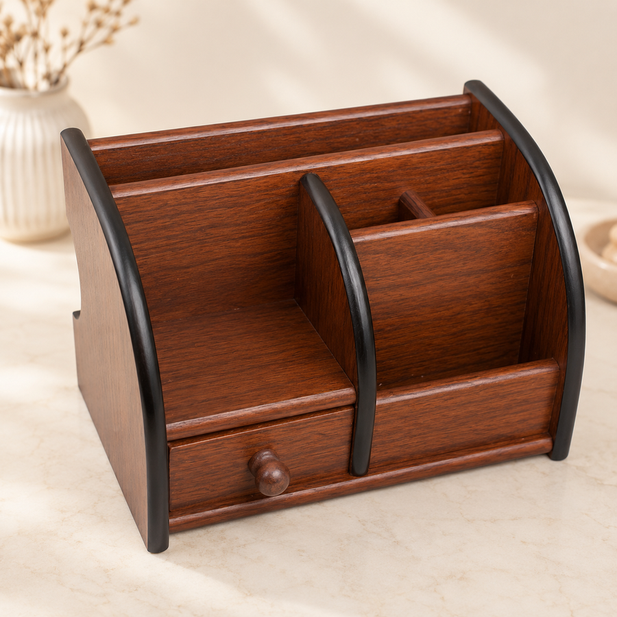 Wooden desk organizer with drawer and compartments, empty, styled with vase