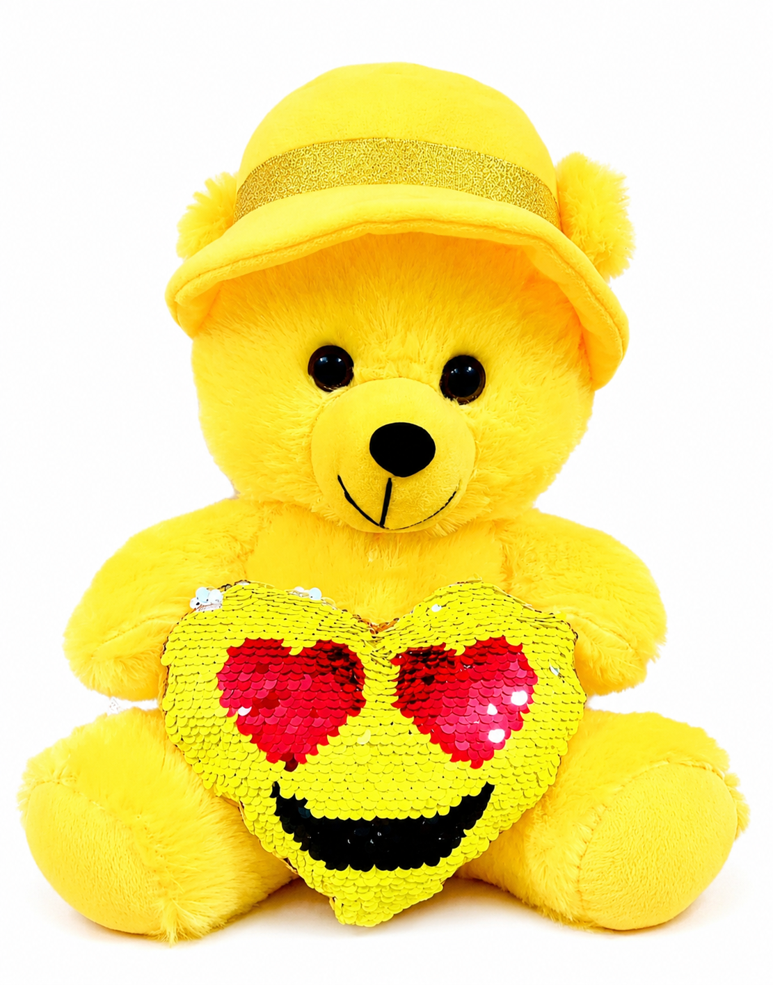 Yellow teddy bear with a sequin heart that changes color on a white background