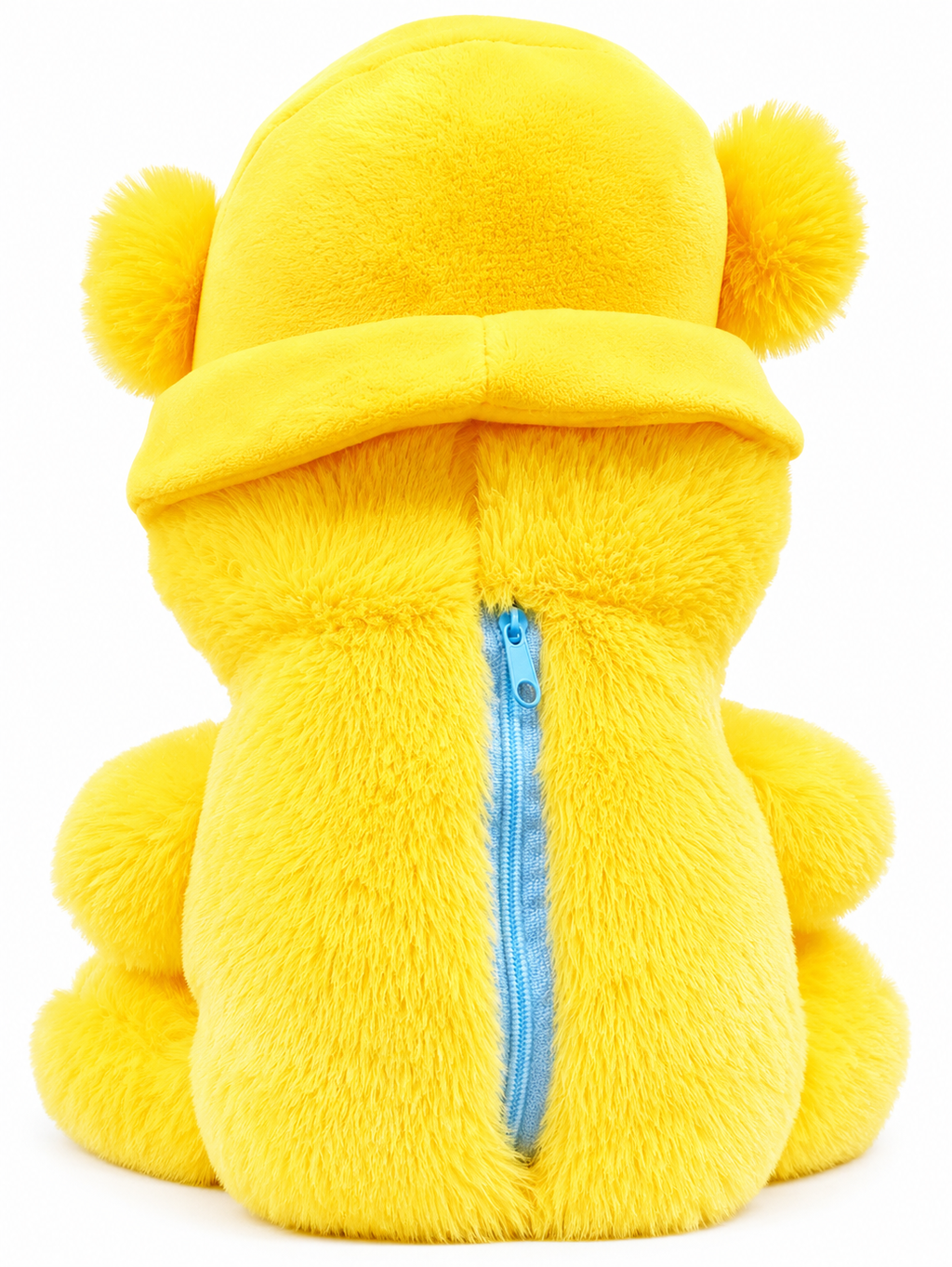 Yellow plush toy with a blue zipper on a white background