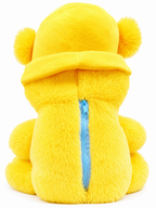 Yellow plush toy with a blue zipper on a white background