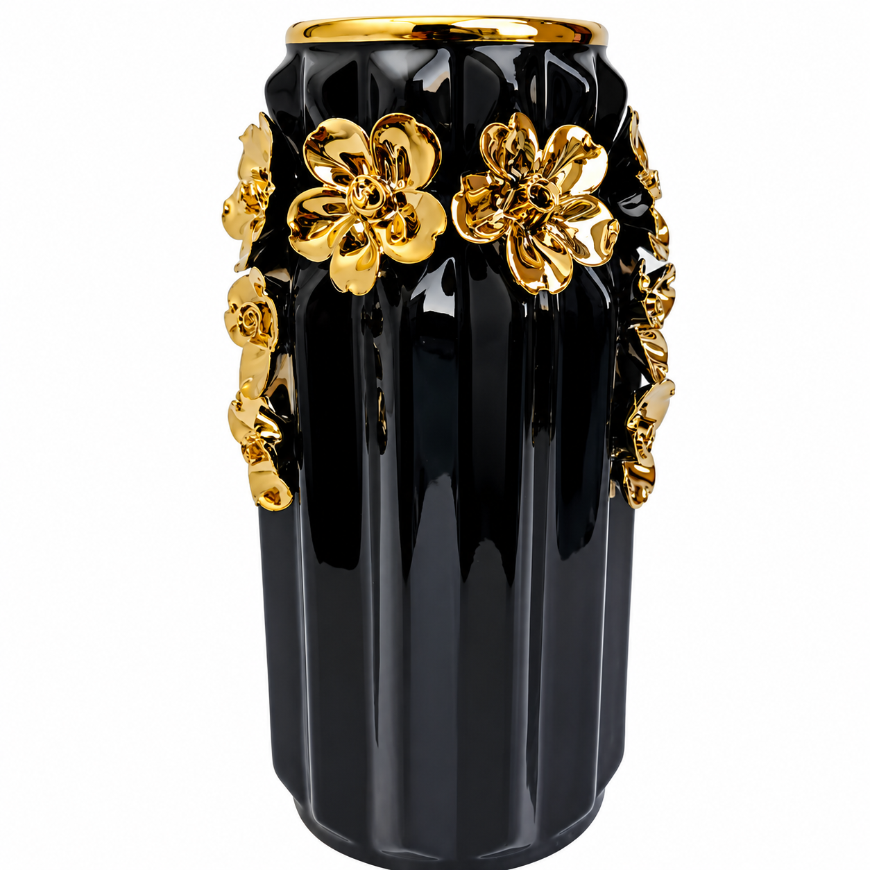 Black fluted ceramic vase with gold 3D floral accents and gold rim