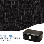 Black leather jewelry box angled view showing crocodile texture
