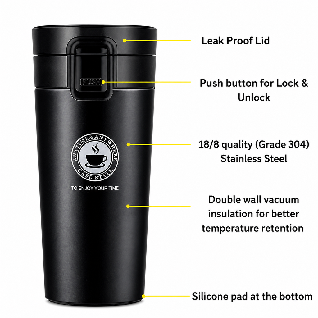 Insulated travel coffee mug diagram showing leak-proof lid, push-button lock, stainless steel body, and silicone base