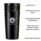 Insulated travel coffee mug diagram showing leak-proof lid, push-button lock, stainless steel body, and silicone base