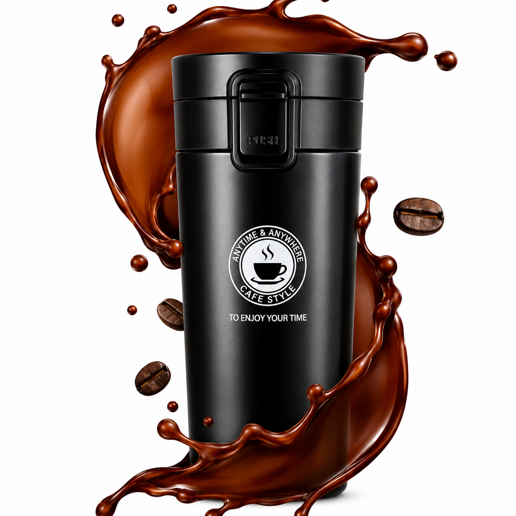 Matte black insulated travel coffee mug with coffee splash and beans, double-wall vacuum insulated stainless steel