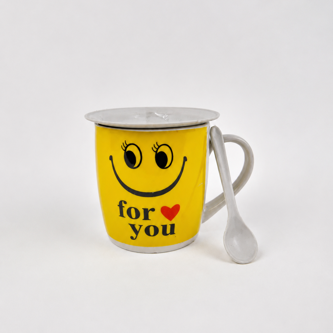 Yellow mug with smiley face, heart, and text 'for you' on a white background