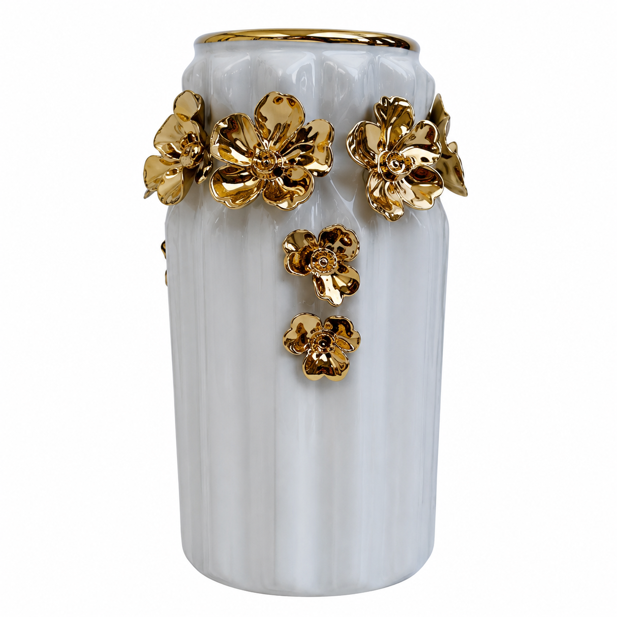 White fluted ceramic vase with cascading gold floral appliqué design
