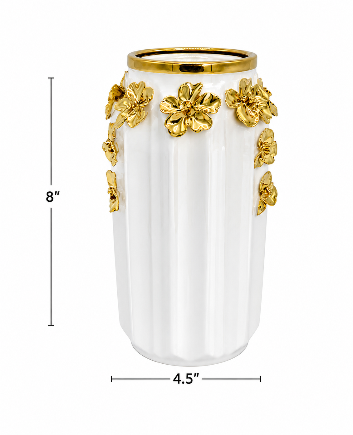 White ceramic vase with gold metallic floral accents and a gold rim, shown with dimension lines indicating a height of 8 inches and a base diameter of 4.5 inches.